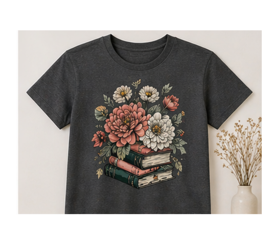 Grey "Books & Flowers" T-Shirt